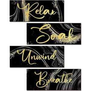4 Pieces Bathroom Relax Soak Unwind Breathe Wall Art Wooden Hanging Signs Rustic